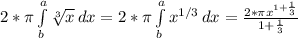 2* \pi \int\limits^a_b { \sqrt[3]{x} } \, dx= 2* \pi \int\limits^a_b {x^{1/3}} \, dx = \frac{2* \pi x^{1+ \frac{1}{3} } }{1+ \frac{1}{3} }