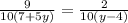 \frac{9}{10(7+5y)} = \frac{2}{10(y-4)}