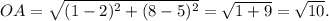OA= \sqrt{(1-2)^2+(8-5)^2}= \sqrt{1+9}= \sqrt{10}.