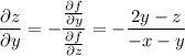 \dfrac{\partial z}{\partial y} = -\dfrac{ \frac{\partial f}{\partial y} }{ \frac{\partial f}{\partial z} } =- \dfrac{2y-z}{-x-y}