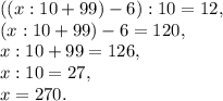 ((x:10+99)-6):10=12, \\ (x:10+99)-6=120, \\ x:10+99=126, \\ x:10=27, \\ x=270.