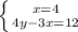 \left \{ {{x =4 } \atop {4y - 3x = 12}} \right.