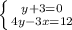 \left \{ {{y + 3 = 0} \atop {4y - 3x = 12}} \right.