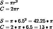 Радиус арены цирка, имеющей форму круга, равен 6,5 м. найдите: 1) длину окружности арены цирка. 2) п