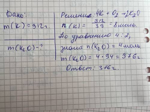 Вычислите массу и количество оксида калия, который образуется при сжигании 312 г калия.