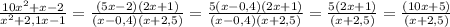 \frac{10x^2+x-2}{x^2+2,1x-1} = \frac{(5x-2)(2x+1)}{(x-0,4)(x+2,5)} = \frac{5(x-0,4)(2x+1)}{(x-0,4)(x+2,5)} = \frac{5(2x+1)}{(x+2,5)} = \frac{(10x+5)}{(x+2,5)}