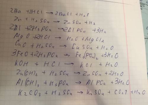 Ba+hcl= zn+h2so4= al+h3po4= mgo+hcl= cuo+h2so4= feo+h3po4= koh+hcl= zn(oh)2+h2so4= al(oh)3+h3po4= k2