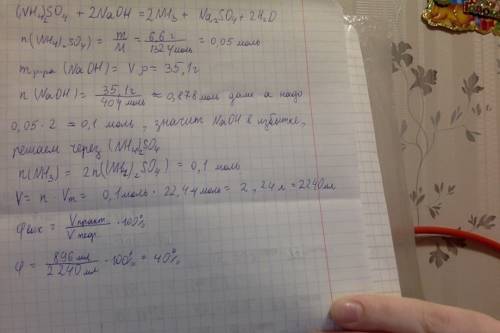 К6,6 граммам сульфата аммония прилили 30мл 15% раствора naoh плотностью 1,17 г/мл и смесь нагрели. б
