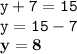 \displaystyle \tt y+7=15\\\displaystyle \tt y=15-7\\\displaystyle \tt \bold{y=8}