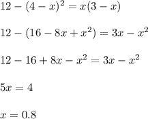 12-(4-x)^2=x(3-x)\\ \\ 12-(16-8x+x^2)=3x-x^2\\ \\ 12-16+8x-x^2=3x-x^2\\ \\ 5x=4\\ \\ x=0.8