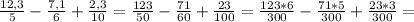 \frac{12,3}{5}- \frac{7,1}{6}+ \frac{2,3}{10}=\frac{123}{50}- \frac{71}{60}+ \frac{23}{100}=\frac{123*6}{300}- \frac{71*5}{300}+ \frac{23*3}{300}=