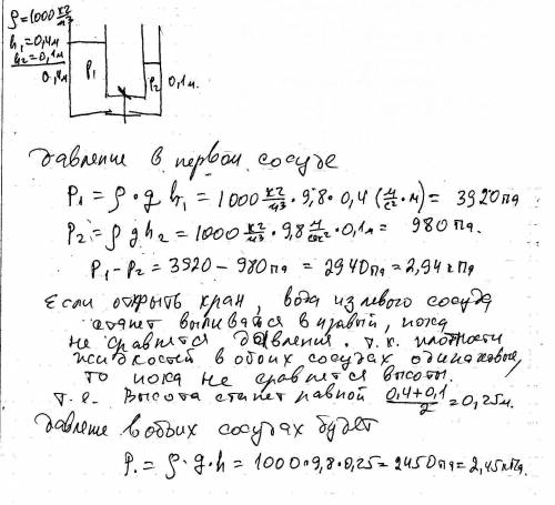 Вдва сосуда налита вода . в каком сосуде давление воды на дно больше и на сколько , если h1=40 см, а