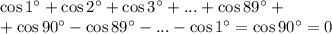 \cos1^\circ+\cos2^\circ+\cos3^\circ+...+\cos89^\circ+ \\\ +\cos90^\circ-\cos89^\circ-...-\cos1^\circ=\cos90^\circ=0