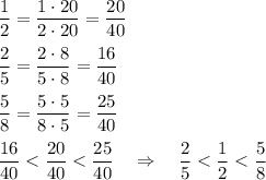 \dfrac 12=\dfrac{1\cdot 20}{2\cdot 20}=\dfrac{20}{40}\\\\\dfrac 25=\dfrac{2\cdot 8}{5\cdot 8}=\dfrac{16}{40}\\\\\dfrac 58=\dfrac{5\cdot 5}{8\cdot 5}=\dfrac{25}{40}\\\\\dfrac{16}{40}