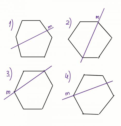 Построй 4 шестиугольника.проведи прямую m так,чтобы она разбила шестиугольник 1) на 2 пятиугольника;