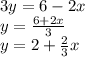 3y=6 -2x \\ y= \frac{6+2x}{3} \\ y=2+ \frac{2}{3} x