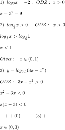 1)\; \; log_3x=-2\; ,\; \; ODZ:\; x\ \textgreater \ 0\\\\x=3^2=9\\\\2)\; \; log_{\frac{1}{3}}x\ \textgreater \ 0\; ,\; \; \; ODZ:\; \; x\ \textgreater \ 0\\\\log_{\frac{1}{3}}x\ \textgreater \ log_{\frac{1}{3}}1\\\\x\ \textless \ 1\\\\Otvet:\; \; \; x\in (0,1)\\\\3)\; \; y=log_{0,1}(3x-x^2)\\\\ODZ:\; \; 3x-x^2\ \textgreater \ 0\\\\x^2-3x\ \textless \ 0\\\\x(x-3)\ \textless \ 0\\\\+++(0)---(3)+++\\\\x\in (0,3)