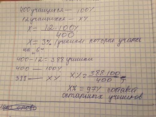 Вшколе 400 учащихся, 12 из них учатся на «5». сколько процентов составляют остальные ученики школы?