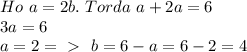 Ho \ a = 2b.\ Torda \ a + 2a = 6 \\ 3a = 6 \\ a = 2 =\ \textgreater \ \ b = 6 - a = 6 - 2 = 4