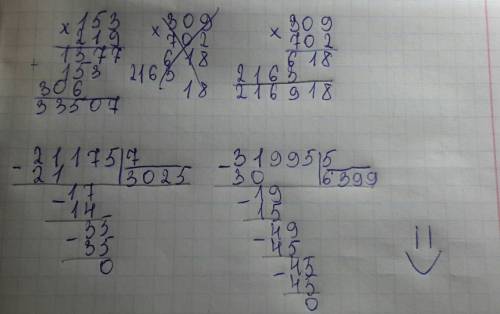 153*219= 309*702= 21175: 7= 31995: 5= решите в столбик