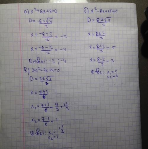 Решите уравнение. а) x^2 + 6x + 8 = 0; б) x^2 - 8x + 15 = 0; в) 3x^2 - 7x + 4 = 0. ^ - степень.