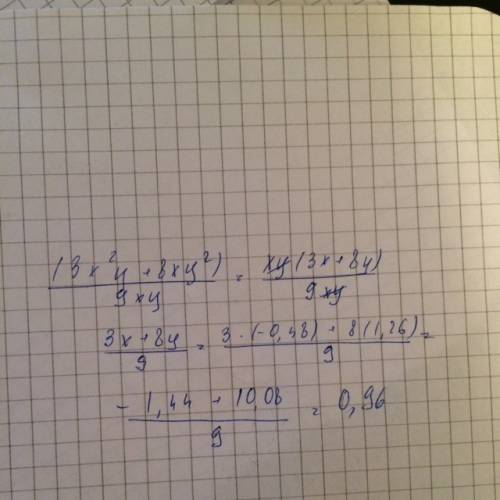 Выражение (3x^2y +8xy^2): 9ху и найдите его значение при = -0,48 у=1,26