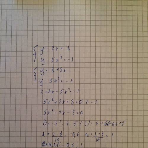 Решите систему уравнения методом подстановки y-2x=2 y-5x^2= - 1