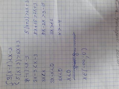 Решите систему неравенств: {3 (x - 1) < x - 3 {5 (x + 3) > 2x + 3