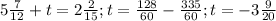 5 \frac{7}{12}+t=2 \frac{2}{15}; t= \frac{128}{60}- \frac{335}{60}; t=- 3\frac{9}{20}