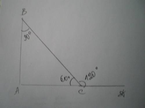 Один из внешних углов прямоугольного треугольника равен 120 градусов найдите острые углы треугольник