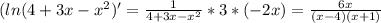 (ln(4+3x-x^{2})'=\frac{1}{4+3x-x^{2}}*3*(-2x)=\frac{6x}{(x-4)(x+1)}