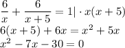 \dfrac{6}{x} + \dfrac{6}{x+5} =1|\cdot x(x+5)\\ 6(x+5)+6x=x^2+5x\\ x^2-7x-30=0