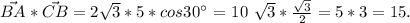 \vec{BA}*\vec{CB}= 2 \sqrt{3} *5*cos$30^\circ$ = 10 \sqrt{3} * \frac{ \sqrt{3} }{2} = 5*3 = 15.