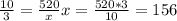 \frac{10}3} = \frac{520}{x} x= \frac{520*3}{10} =156