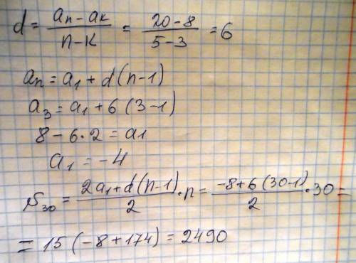 Найдите сумму первых 30 членов арифметической прогрессии, если а3=8, а5=20.