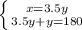 \left \{ {{x=3.5y} \atop {3.5y+y=180}} \right.