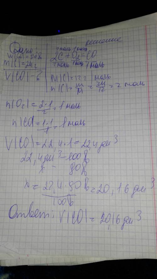 24 г углерода реагирует с кислородом(недостаток кислорода). найти объем co, если практический выход