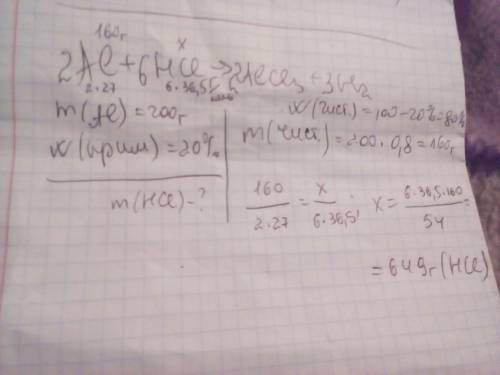 Какая масса hcl образуется при взаимодействии 200 грамм al, содержащего 20% примесей?