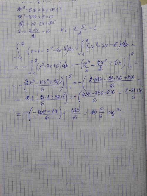 Вычислить площадь фигуры ограниченной параболой y=x^2-6x+7 ; y=x+1