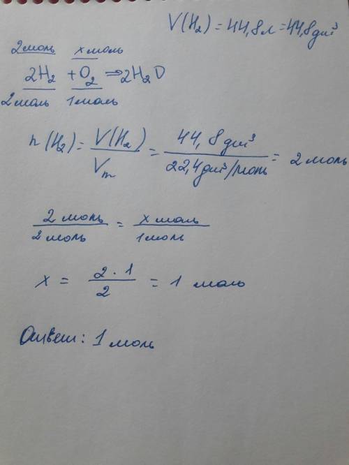 Какое количество вещества кислорода необходимо для сжигания 44,8 л водорода? заранее