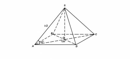 Основание пирамиды-прямоугольник с углом между диагоналями 120 градусов. все боковые ребра пирамиды