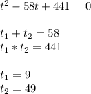 t^2 - 58t + 441 = 0 \\ \\ t_1 + t_2 = 58 \\ t_1*t_2 = 441 \\ \\ t_1 = 9 \\ t_2 = 49