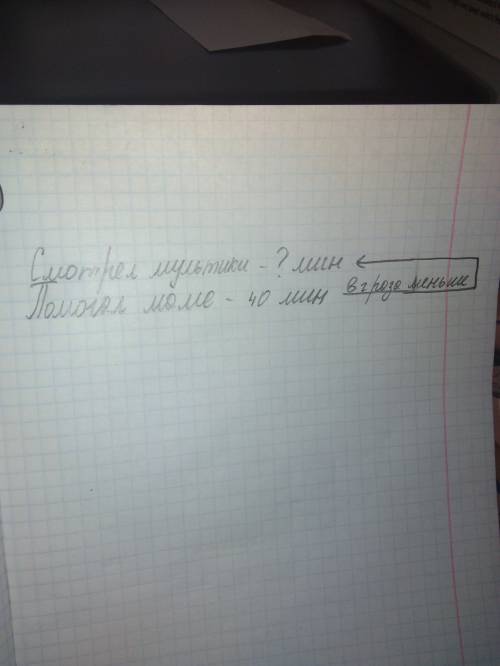 Правильно записать краткую запись.ваня маме 40 мин,а смотрел мультик в 2 раза меньше.сколько времени