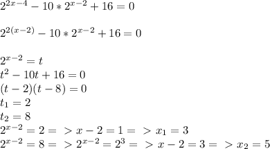 2^{2x-4}-10*2^{x-2}+16=0\\\\2^{2(x-2)}-10*2^{x-2}+16=0\\\\2^{x-2}=t\\t^2-10t+16=0\\(t-2)(t-8)=0\\t_1=2\\t_2=8\\2^{x-2}=2=\ \textgreater \ x-2=1=\ \textgreater \ x_1=3\\2^{x-2}=8=\ \textgreater \ 2^{x-2}=2^3=\ \textgreater \ x-2=3=\ \textgreater \ x_2=5