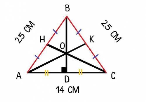 Вычислите медианы треугольника со сторонами 25см 25см 14см