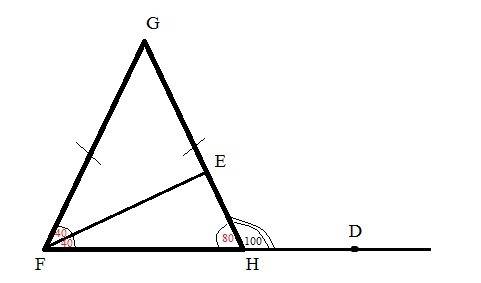 Вравнобедренном треугольнике fgh с основанием fh проведена биссектриса fe. точка d лежит на продолже