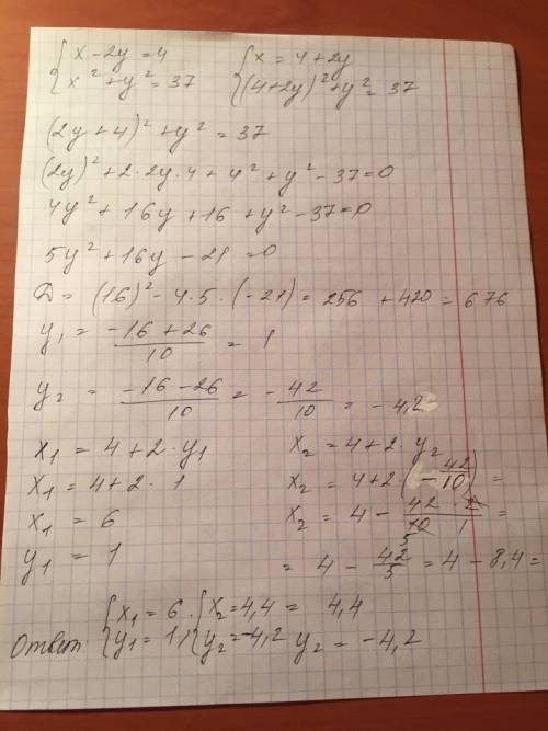 Решить систему уравнений. x − 2y = 4, x^2 + y^2 = 37.