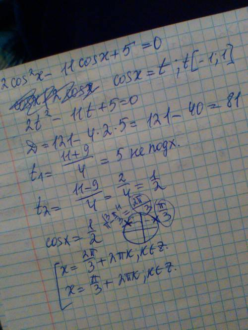 2cos^2(x)-11cos(x)+5 решите , а то я дуб дубом (желательно на листике и сфоткать)