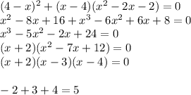 (4-x)^2+(x-4)(x^2-2x-2)=0\\x^2-8x+16+x^3-6x^2+6x+8=0\\x^3-5x^2-2x+24=0\\(x+2)(x^2-7x+12)=0\\(x+2)(x-3)(x-4)=0\\\\-2+3+4=5