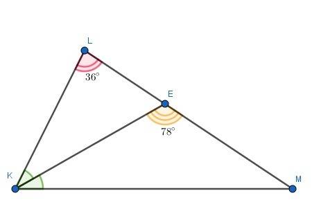 Втреугольнике klm проведена биссектриса ке,угол l=36,угол кем=78.найдите угол lke.